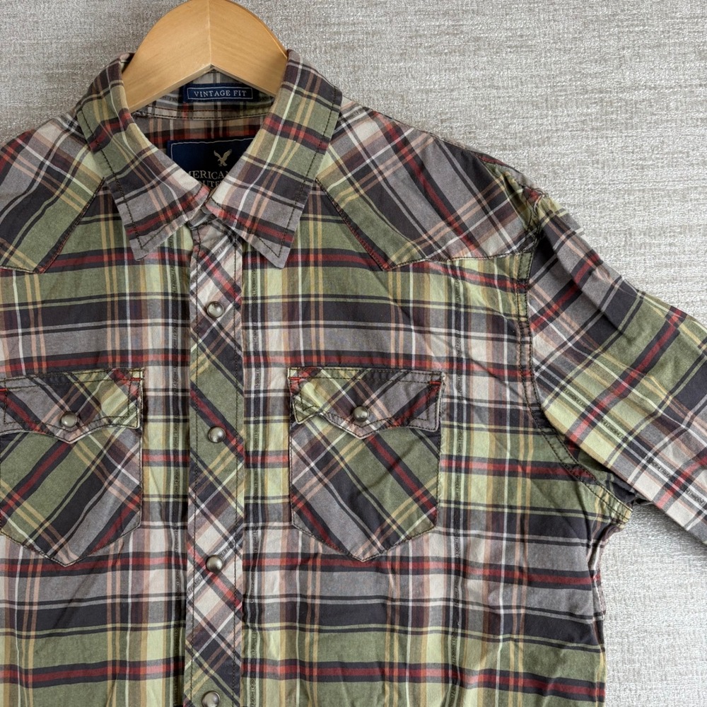 American Eagle Vintage Fit Pearl Snap Western Shirt Men L Green Plaid Rugged EUC